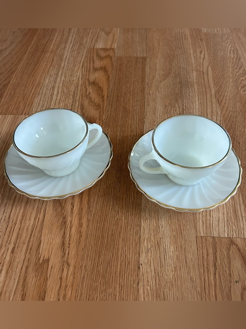 Vintage Anchor Hocking White Glass Teacups with Gold Trim - Set of 2